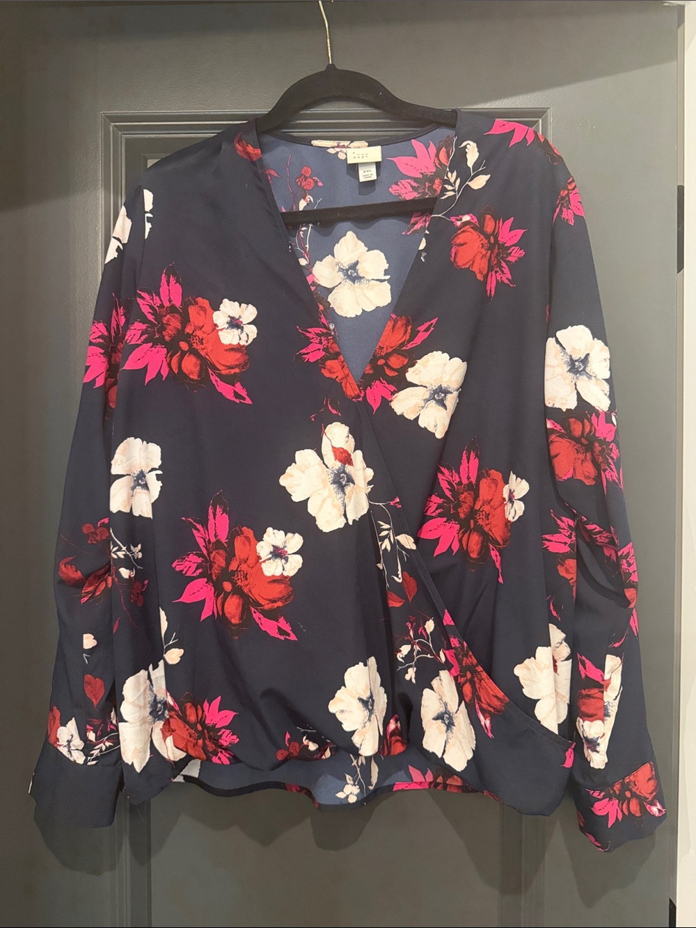 A New Day Floral Wrap Front Blouse - Navy with Pink & White Flowers
